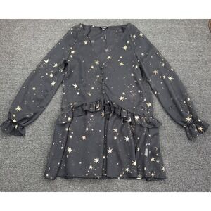 Star Moon Celestial Dress Black Metallic Gold Sheer Boho Ruffle V Neck